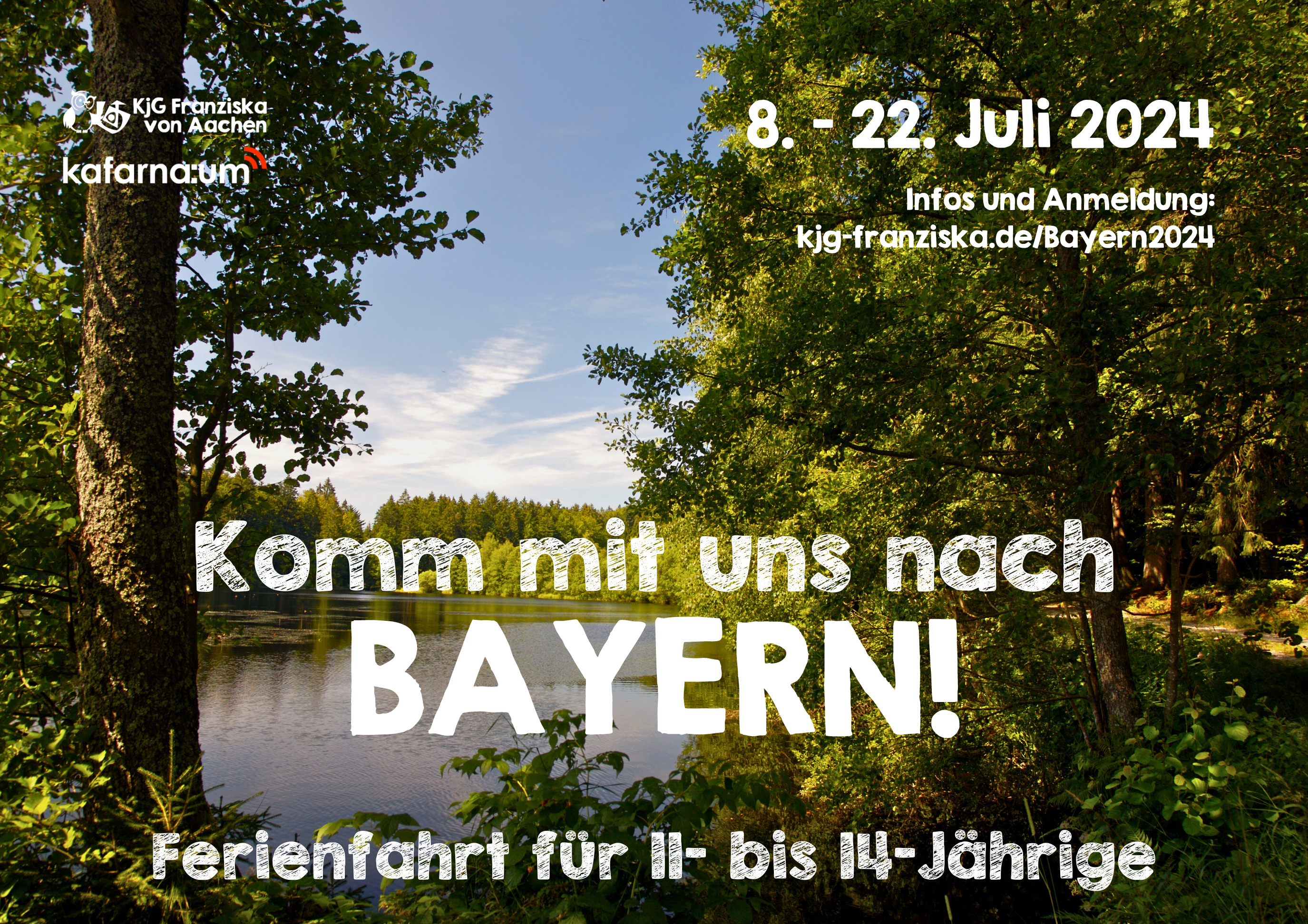 Bayern Grimmerthal Kleine Fahrt (1) Text: "Komm mit uns nach Bayern" Zu sehen: Ein See in einem Wald, blauer Himmel mit vereinzelten Wolken.